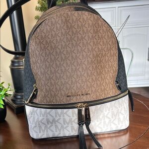 NWOT! Michael Kors Black, Brown, and White RHEA Backpack